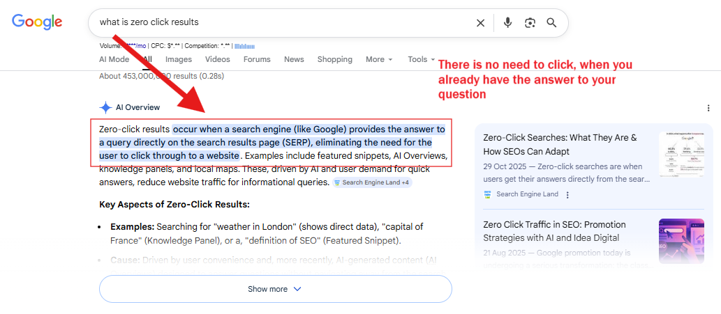 Google zero-click search result answering a query directly
